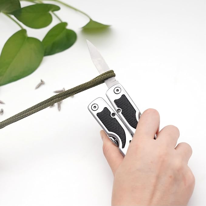 PLB027 stainless steel multi-function plier. 27 functions with knife, fish scaler, screwdrivers, can and bottle opener, 11 bits and 1 socket. Hand size and easy to carry and use indoor, outdoor