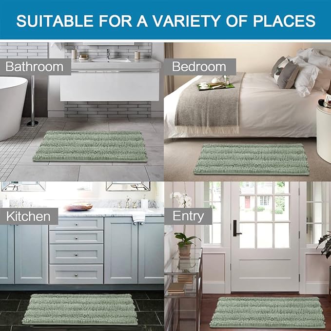 H.VERSAILTEX Bathroom Rugs Bath Mats Sets Super Absorbent Chenille Striped Bath Mats Non Skid Machine Wash Dry Rugs for Bathroom Floor Set of 2(Sage, 24 x 36 Plus 20 x 32 - Inches)