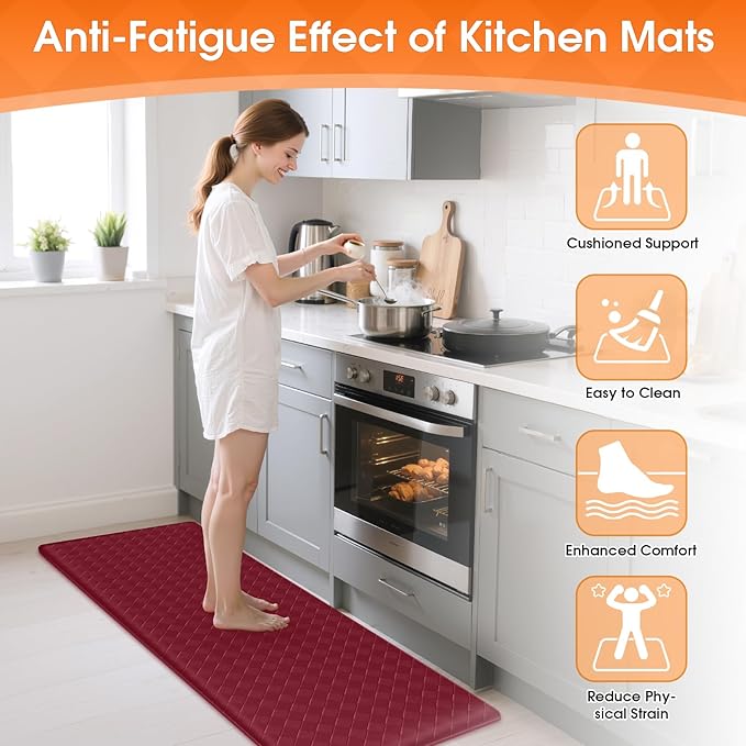 TranquilRelax Kitchen Mats, 2PCS Kitchen Rugs, Cushioned Anti Fatigue Kitchen Mats for Floor, Non-Slip Standing Desk Mat, Waterproof Kitchen Rug Set for Kitchen, Floor, Office,17.3"×30"+17.3"×47",Red