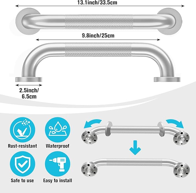 12 Inch Shower Grab Bar for Seniors with Anti-Slip Textured Grip | Heavy Duty Stainelss Steel; Bathroom Safety; Wall Mounted; Supports 500lbs; For Shower, Bathtub & Toilet; Elderly, Disabled