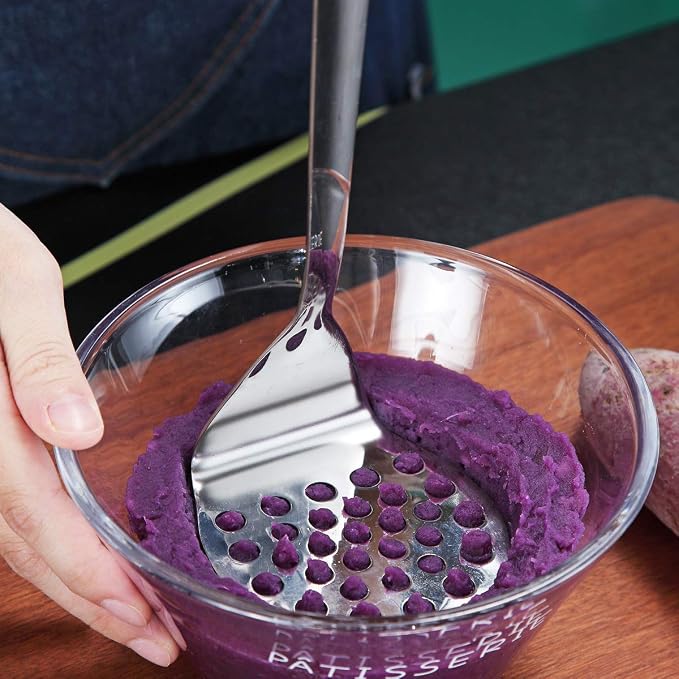 Stainless Steel Potato Masher, Berglander Heavy Duty Metal Potato Ricer, Food Masher Utensil Hand Masher, Vegetables Fruits Versatile Masher, Heat Resistant, Dishwasher Safe, Easy to Clean