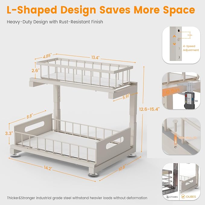 Under Sink Organizer, Heavy Duty Metal Pull Out Cabinet Organizer Slide Out Sink Shelf Organizer Height Adjustable, Multi-Purpose Storage Shelf for Kitchen Bathroom(Sand,2Pack)
