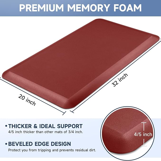 4/5 Inch Thick Kitchen Mats for Floor, StepRite Kitchen Rug for Standing Desk, Non-Slip, Thicker, Stain & Water Resistant, Comfort Anti Fatigue Floor Mat for Home, Kitchen, Office - Red,32 * 20''