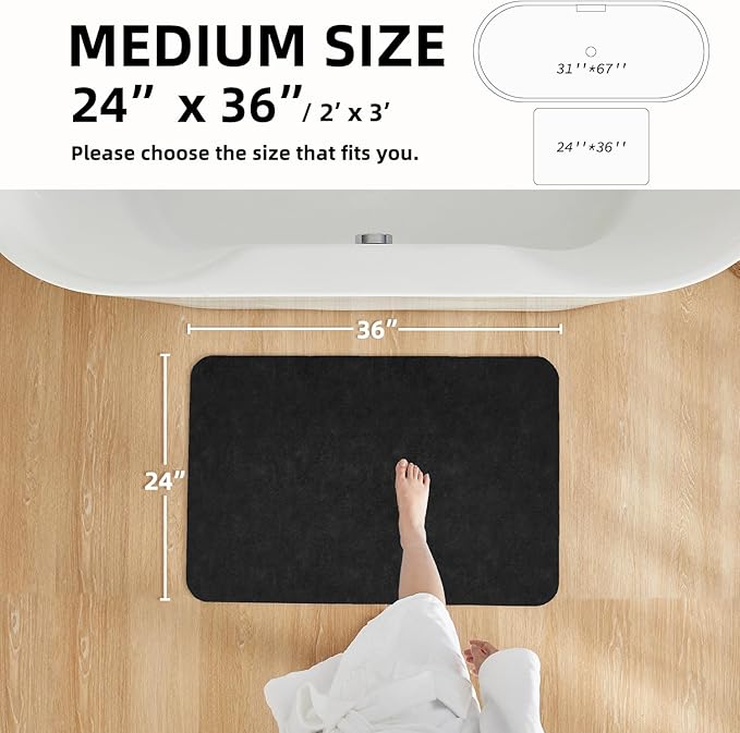 TYUU Black Bath Mat, Bathroom Rugs Non Slip Washable Thin Absorbent Quick Dry Bath Mat Fits Under Door Bathroom Floor Mat Perfect for Bath, Shower, or Sink 24"x36" Black