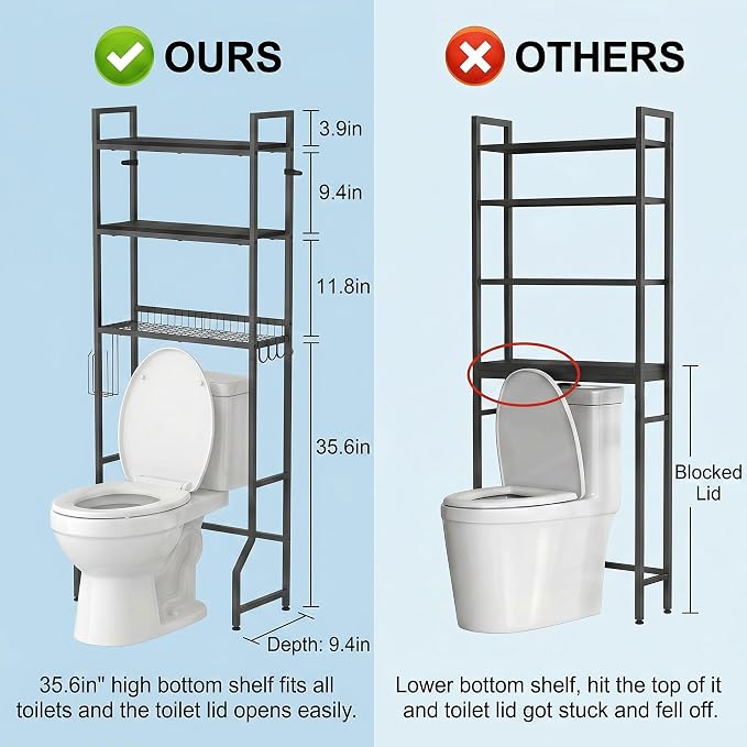 Over The Toilet Storage 3 Tier Over Toilet Bathroom Organizer Wooden Bathroom Space Saver Freestanding Above Toilet Stand with 4 Hooks Black Over The Toilet Rack for Restroom, Laundry