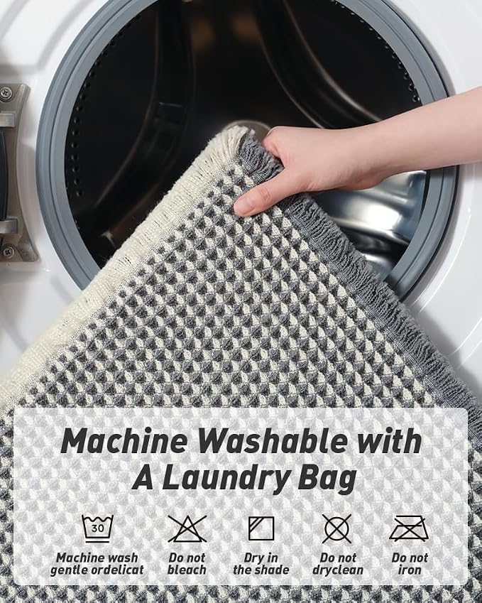 Upgraded Waffle Runner Rug Super Absorbent Non Slip Bath Mats for Bathroom Washable Bathroom Runner Rug with Tassels, Ideal for Hallway Bedroom Laundry Room, Dark Grey & Cream, 2' x 5'(24" x 60")