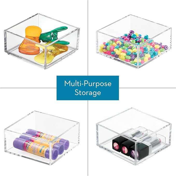 iDesign Clarity Plastic Drawer Organizer, Storage Container for Kitchen Gadgets, Corks, Sticky-Notes, Clips in Pantry, Cabinets, Countertops, 4" x 4" x 2" - Clear,X-Small