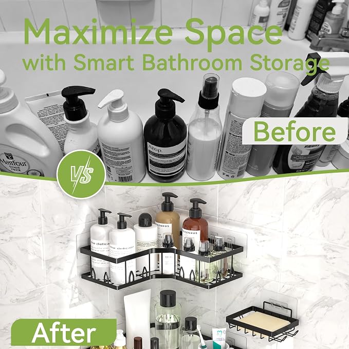 Shower Shelf Corner, Adhesive Shower Caddy Rustproof, Shower Shelves Corner with Soap Holder, No Drilling Shower Corner Organizer for Dorm, Renters Bathroom, Black, 3 Pack