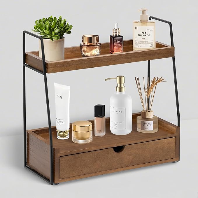 2-Tier Bathroom Organizer Countertop with Drawer, Wood Counter Organizer for Bathroom Decor, Sink Shelf for Vanity Storage, Makeup Tray for Perfume Skincare, Spice Rack Bedroom Kitchen Corner
