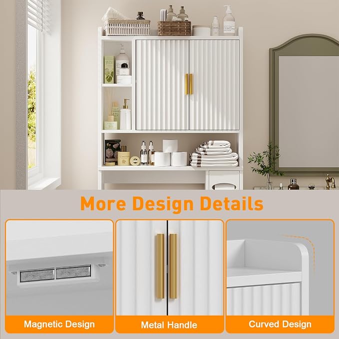 knoworld Fluted Over The Toilet Storage Cabinet, Above Toilet Bathroom Organizer with Toilet Paper Holder, Modern Behind Toilet Cabinet, Space Saver for Restroom, Bathroom, Laundry, White