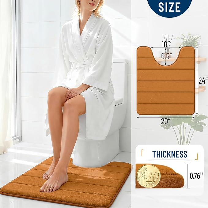 OLANLY Memory Foam Toilet Rugs U Shaped 24x20, Super Soft Absorbent Contour Bath Rugs, Quick Dry, Machine Washable Toilet Mat, Bathmat Floor Carpet, Bathroom Home Decor Accessories, Ochre