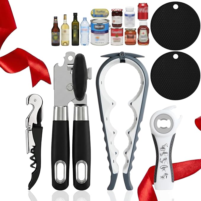 Openers Bundle - 6-Piece Openers Set for Weak Hands - Heavy Duty Stainless Steel Manual Can Opener, 5-in-1 Bottle Opener, Corkscrew & Silicone Grippers - Kitchen Gadgets for Seniors & Arthritis