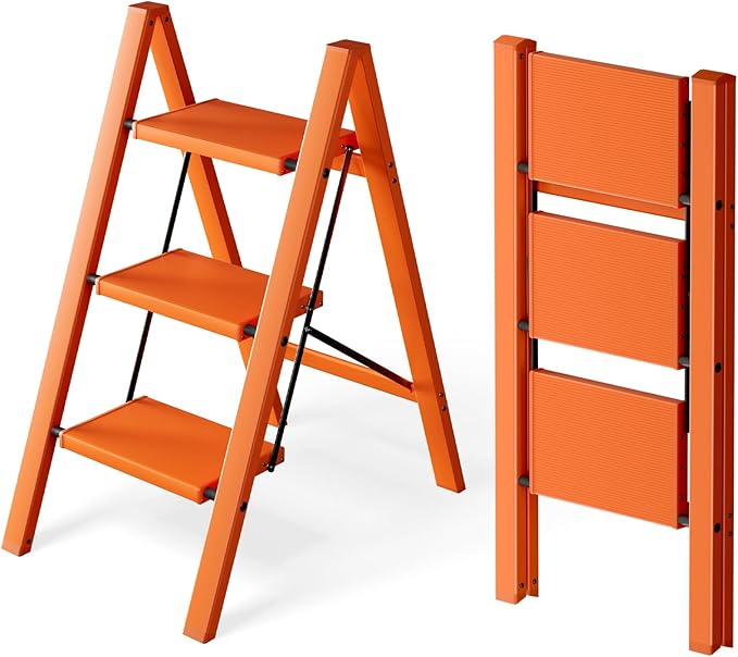 HillhutApex 3 Step Ladder, Lightweight Portable 3 Step Stool with Anti-Slip Wide Pedal, 330lbs Capacity Aluminum Ladder for Household,Office,Kitchen(Orange)