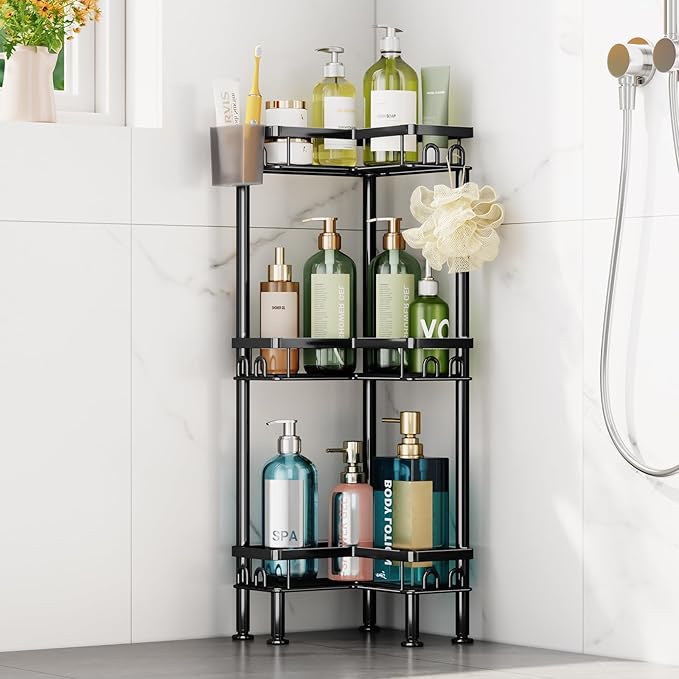 HapiRm Standing Shower Caddy Corner - 3 Tier Corner Shower Organizer with Toothbrush Holder and 12 Hooks, Large Capacity Rustproof Bathroom Shelves for Tall Bottles, Black
