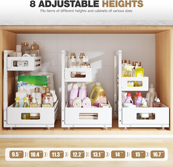 1 Pack Under Sink Organizer,Pull Out Cabinet Organizer With Smooth Cylindrical Rail,Metal Slide Out Drawer for Kitchen Bathroom Laundry Cabinet,8-Level Tool Free Height Adjustable-White