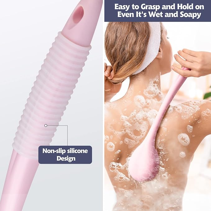 BEDELITE Back Scrubber for Shower, Soft Bath Brush Long Handle for Men & Women(16.4 Inches), Anti Slip Body Scrubber Exfoliator for Cleaning(Pink)