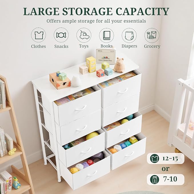 8-Drawer Dresser for Bedroom, Anti-Tip Tall Storage Organizer Chest of Drawers with Wooden Top and Metal Frame Fabric Bins for Closet, Living Room, Hallway, Entryway, White