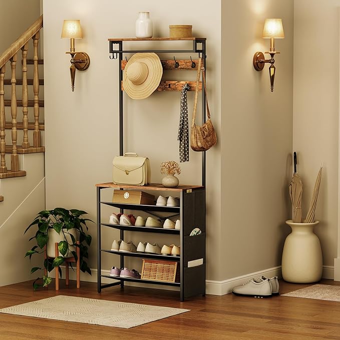 HOOBRO Hall Tree with Bench, Entryway Coat Rack with Shoe Rack, Shoe and Coat Rack, 5 Tier Shoe Storage Organizer with Oxford Fabric Side Pockets, Adjustable Mesh Shelves, Rustic Brown BF75MT01