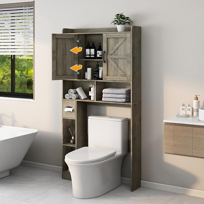 Vabches Over The Toilet Storage Cabinet, Farmhouse Storage Cabinet Over Toilet with 2 Barn Door & Toilet Paper Holder Stand，Home Space-Saving Toilet Rack, for Bathroom, Restroom, Laundry