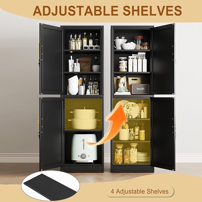 Tall Metal Narrow Bathroom Storage Locker Cabinet 67" H, Tall Black Pantry Cabinets with 4 Adjustable Shelves and 2 Lockable Doors for Kitchen, Home Office, Living Room, Dining Room