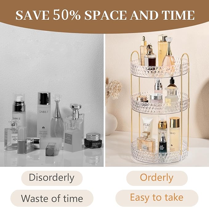 Rotating Makeup Organizer for Vanity, 3 Tier Perfume Skincare Storage for Women, Bathroom Counter Organizer, 360° Spinning Cosmetic Holder for Dresser Countertop, Clear
