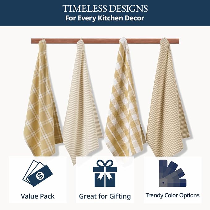 LANE LINEN Cotton Kitchen Towels Set, 4-Pack – Absorbent, Quick-Drying, Premium Dish Towels, Tea Towels, 18" x 28" - Beige