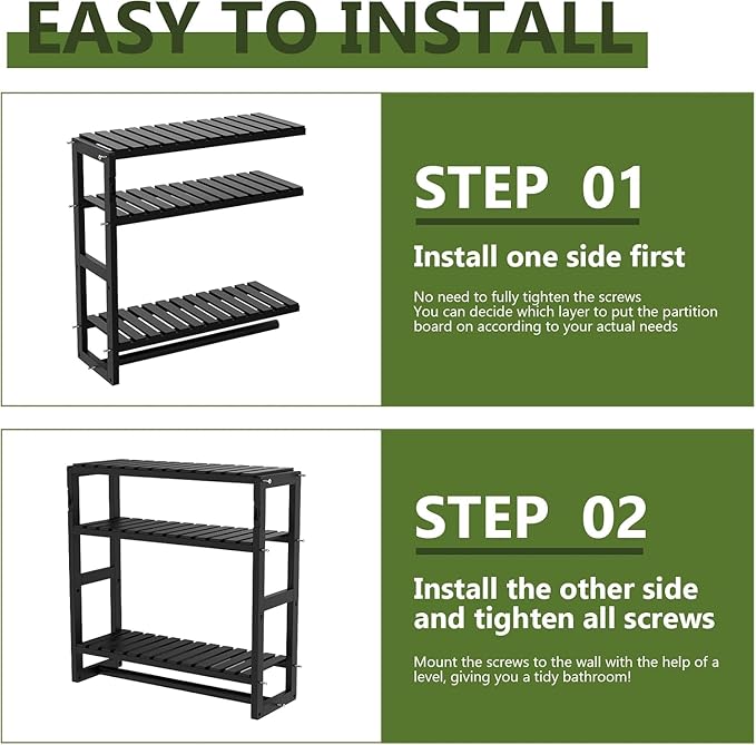 Galood Over The Toilet Storage Bathroom Shelves Wall Mounted 3 Tier Space Saver Corner Shelf Organizer Bamboo Towel Rack Toilet Paper Cabinet with Hanging Rod Black Sets