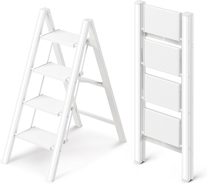 4 Step Ladder, Folding Step Stool with Wider Pedal, Anti-Slip Feet & Non Slip Stripes, Aluminum Sturdy Material, 300Lbs Capacity, Elegant Look of Modern White Better Matches Your Home