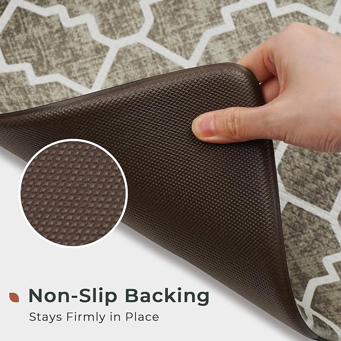 FRESHMINT Kitchen Mat Set of 2, Anti-Fatigue Cushioned Kitchen Mats for Floor, Waterproof Non Slip Comfort Standing Mat, Boho Kitchen Rug for Kitchen Decor, Sink, Office, 17"x30"+17"x47", Khaki Tan