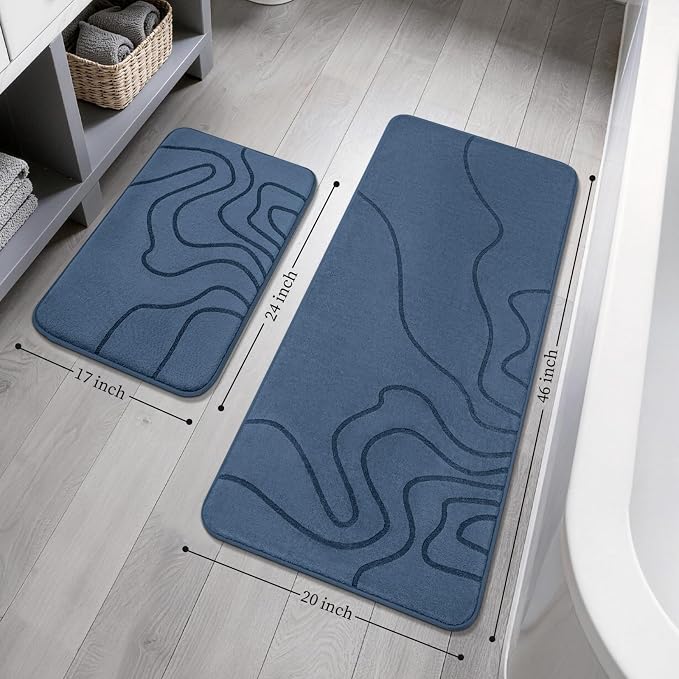 YIHOUSE Memory Foam Bathroom Rugs Sets 2 Piece - Extra Thick Ultra Soft Absorbent Bath Mat Set, Non-Slip Machine Washable Bath Rugs for Bathroom, Tub & Shower, Home Decor (17"x24"+20"x46", Dusty Blue)