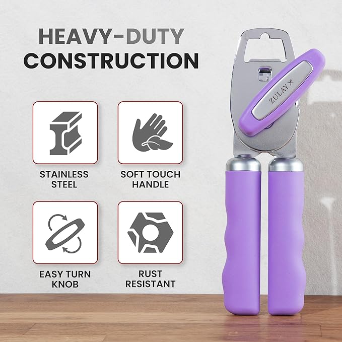 Zulay Kitchen Heavy Duty Stainless Steel Can Opener Manual with Bottle Opener - Rust Proof Manual Can Opener With Turn Knob & Comfy Soft Grip Handles - Lavender