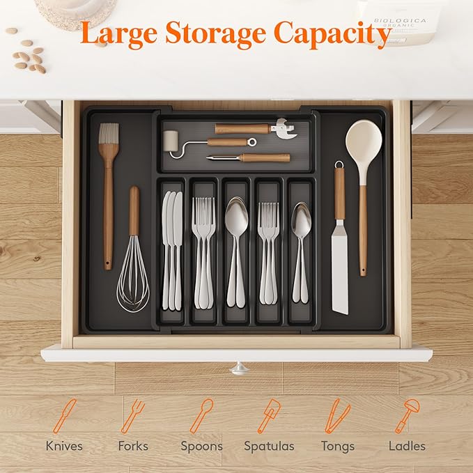 Lifewit Silverware Drawer Organizer, Expandable Utensil Tray for Kitchen, BPA Free Flatware and Cutlery Holder, Adjustable Plastic Storage for Spoons Forks Knives, 33 -57 x 42cm, Black and Gray