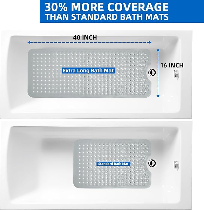 MOONFLY Shower and Bathtub Mat,40x16 Inches,Extra Long Non Slip Mats with Suction Cups and Drain Holes, Machine Washable and Anti Slip Bathmats, Bathroom Mats for Tub Nonslip (Grey)