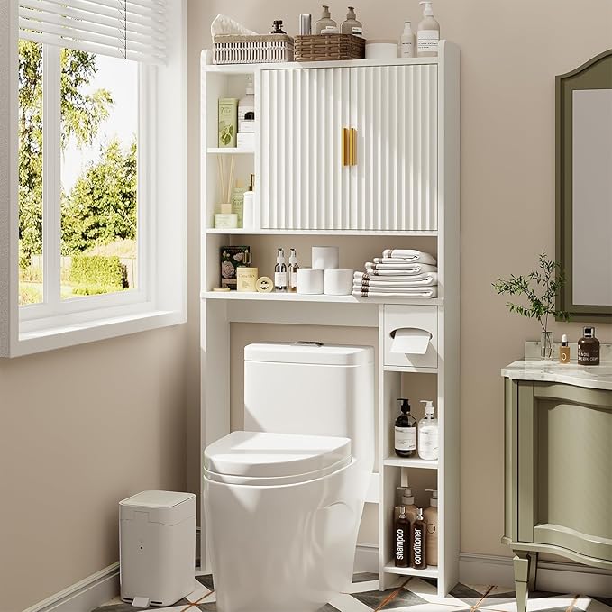 knoworld Fluted Over The Toilet Storage Cabinet, Above Toilet Bathroom Organizer with Toilet Paper Holder, Modern Behind Toilet Cabinet, Space Saver for Restroom, Bathroom, Laundry, White
