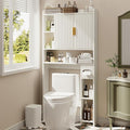 knoworld Fluted Over The Toilet Storage Cabinet, Above Toilet Bathroom Organizer with Toilet Paper Holder, Modern Behind Toilet Cabinet, Space Saver for Restroom, Bathroom, Laundry, White