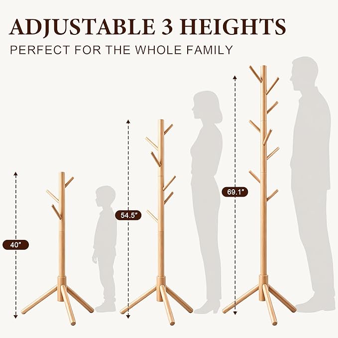Wooden Coat Rack Freestanding with 8 Hooks & 3 Adjustable Sizes for Clothes, Space-Saving Design for Bedroom Office Entrance Holds Hats Coats Scarves Bags