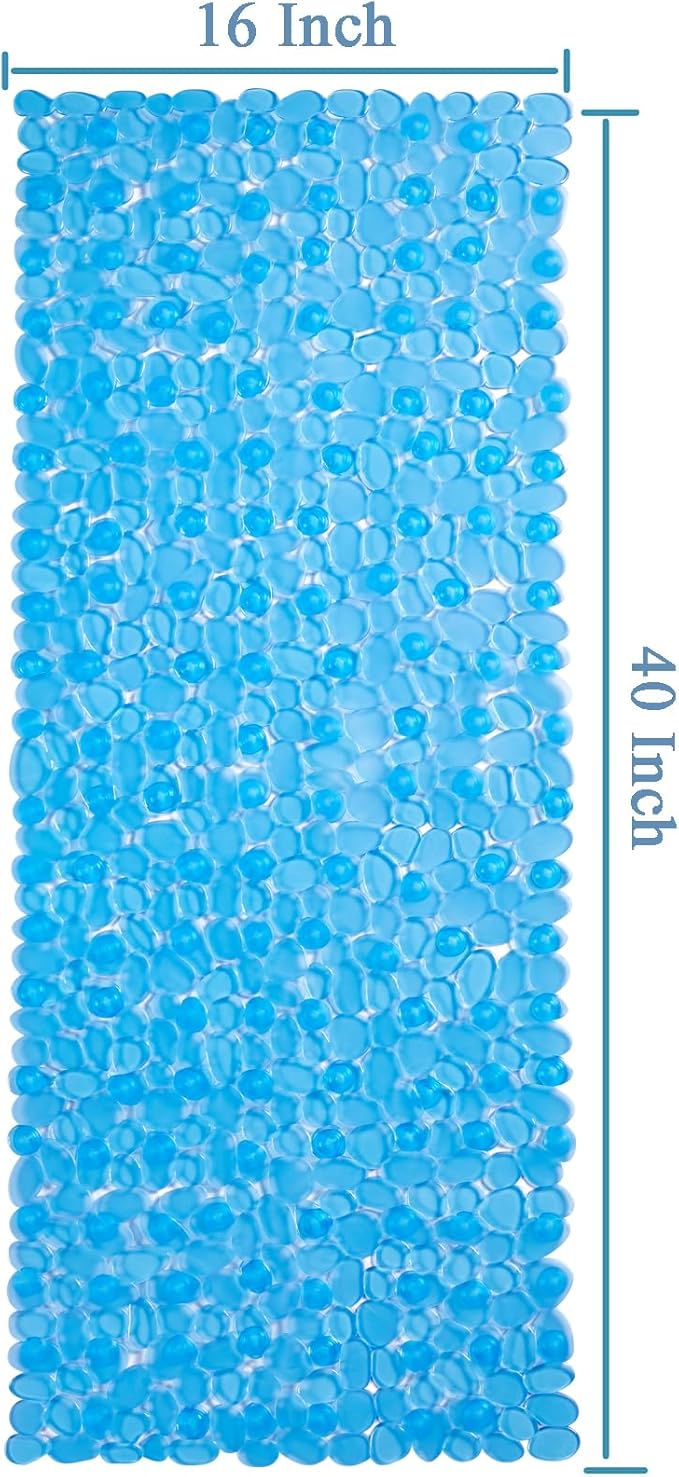 Webos Bath Shower Mat Non Slip: Extra Large Pebble Bathtub mat for Families, Anti Slip Shower Matt with Drain Holes Suction Cups Tub Mat - 16 X 40 Inch Clear Blue