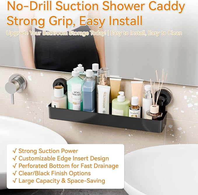 Black 2 Pack Acrylic Shower Caddy Suction Cup,No Rust Bathroom Organizers and Storage Holder,Plastic Wall Mounted Shower Shelves,Bathtub Storage Organizer,Shampoo and Conditioner Holder for Washroom