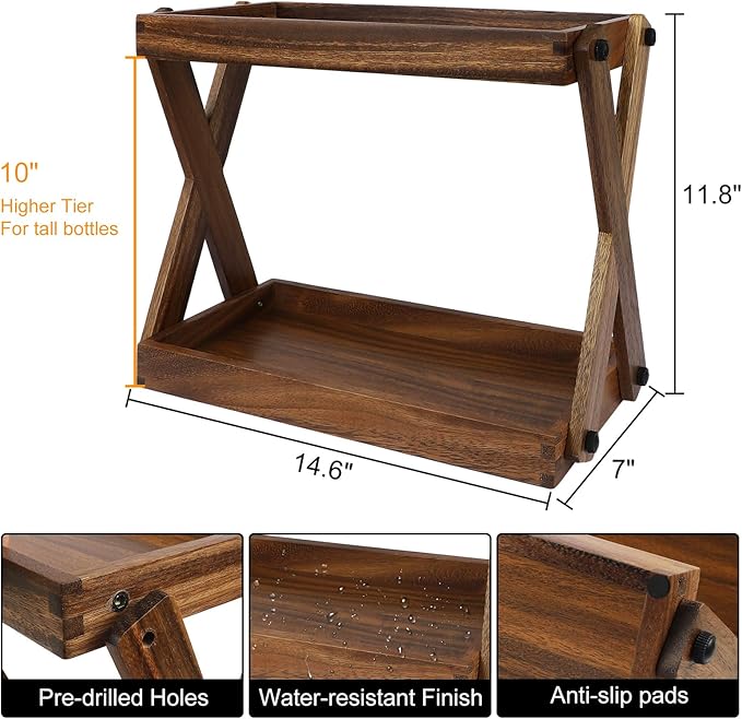 Wood Countertop Shelf Organizer, 2 Tier Wooden Shelf for Coffee Bar Accessories, Kitchen Spice Rack Organizer, Condiment Storage Caddy for Home, Office, Bathroom counter