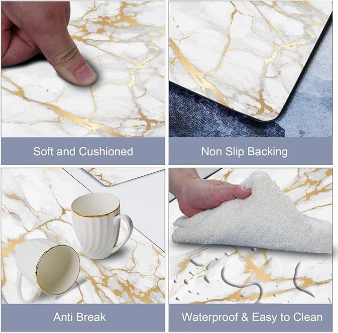 Mrcrypos Gold White Kitchen Rugs Cushioned Anti Fatigue 2 PCS Marble Kitchen Mats PVC Non Slip Waterproof Kitchen Mats for Floor Sink Laundry Office