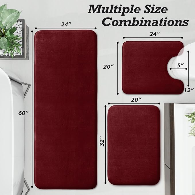HUXMEYSON Bathroom Rugs Sets 3 Piece, Non-Slip & Quick Dry Bath Mat Set, Ultra Soft Velvet Bath Rugs for Bathroom, Toilet and Shower Floor, Red