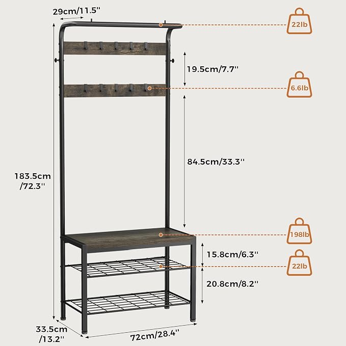 Hall Tree with Bench and Shoe Storage, 4-in-1 Entryway Organizer with 10 Hooks and Storage Shelf,Coat Rack Freestanding with 2-Tier Storage Shelf for Living Room, Deep Gray