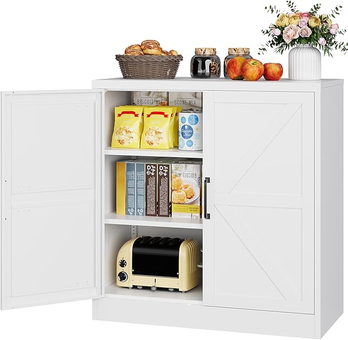 Metal Storage Cabinet with Doors & Adjustable Shelves, 36" Tall Farmhouse Pantry Cabinet, Small Sideboard for Kitchen, Dining, Living & Laundry Room, White