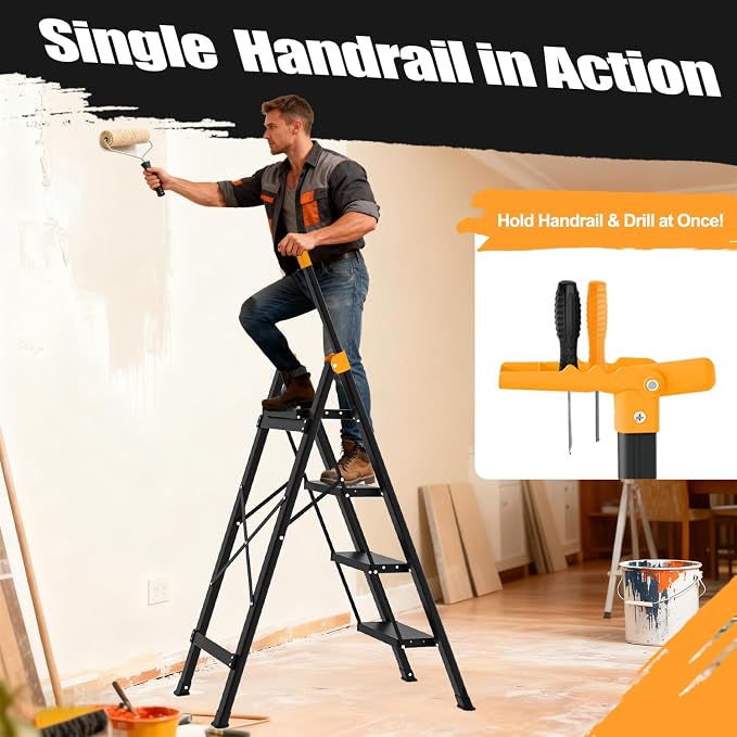 4 Step Ladder with Single-Handrail, Aluminum Step Stool Foldable, Lightweight Sturdy Step Ladder with Anti-Slip Pedals,Convenient Handrail for Home Kitchen Closet, 600lbs Max Load Capacity (Yellow)