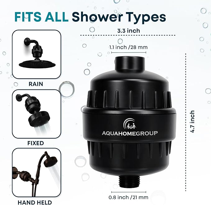 AquaHomeGroup 20 Stage Shower Filter with Vitamin C and E - Reduces Chlorine, Heavy Metals and Sediment - 2 Cartridges Included - High Pressure - Black