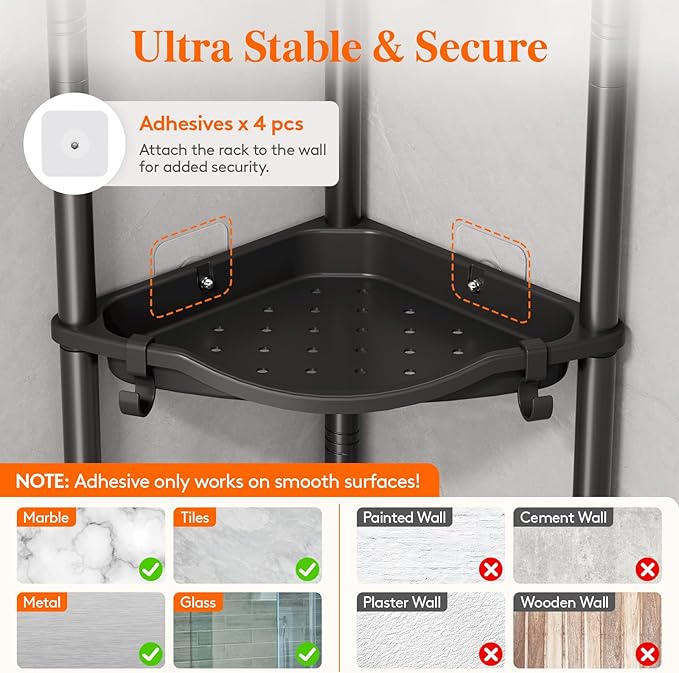 Lifewit Floor Standing Shower Caddy Corner, 4 Tier Plastic Shower Stand Rack with Adjustable Feet and Hooks, Rustproof Bathroom Shelf Organizer, Black, 34 x 24 x 107 cm/13 x 9.5 x 42 inch