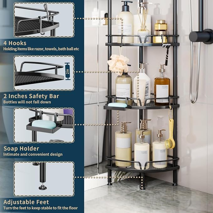 Consumest Corner Shower Caddy Stand - 4 Tier Shower Organizer with Soap Holder, Tall Floor Corner Shelf Standing with Adjustable Feet & 4 Hooks, Storage Rack for Bathroom Black