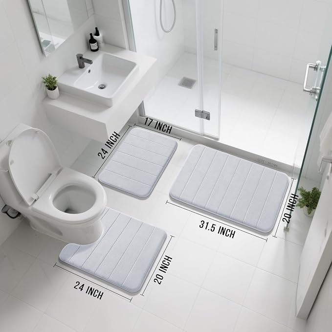 Yimobra Memory Foam Bath Mat Set 3 Pieces- Super Soft Absorbent Quick Dry Bathroom Rug Sets, Machine Washable Non Slip Floor Carpet for Tub Shower, Vanity & Toilet Base, Silver