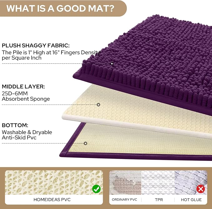 HOMEIDEAS 3 Pieces Bathroom Rugs, Ultra Soft Non Slip Absorbent Chenille Toilet Bath Mat Set (Purple)