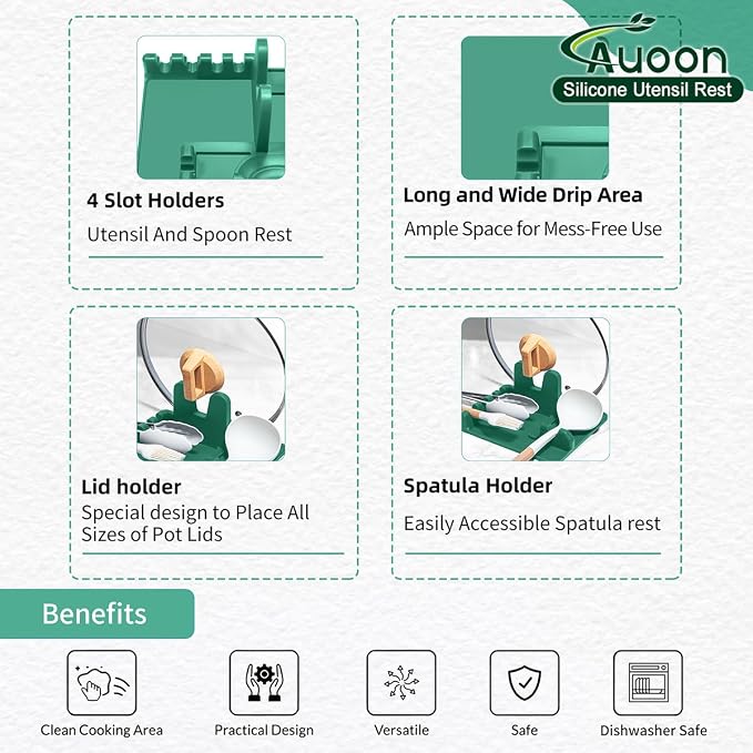 Auoon Silicone Spoon Rest with Lid Holder - 3 in 1 Kitchen Utensil Rest for Soup Ladles, Pot Lids, Spatulas, Spoons, Tongs, BPA Free & Dishwasher Safe, 8.26 x 8.06 Inch (Sea Blue, Large)